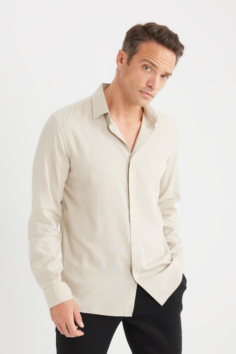 DeFacto Beige Man Regular Fit Polo Collar Long Sleeve Linen Shirt Casual - Image 4